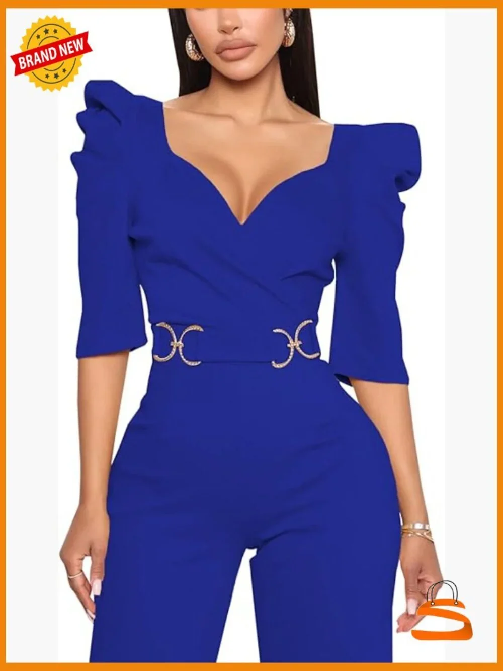 Sexy Deep V Neck Puff Sleeve Wide Leg Romper Jumpsuit High Waist Plus